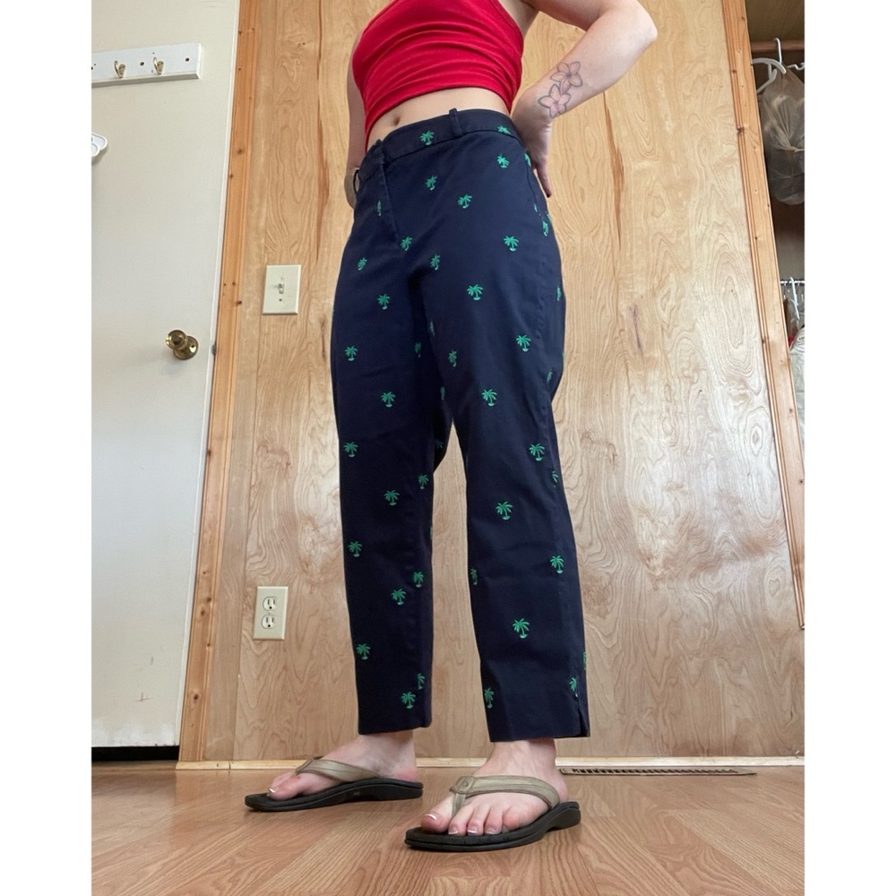 Talbots Navy Ankle Pants with Green Palm Embroidery